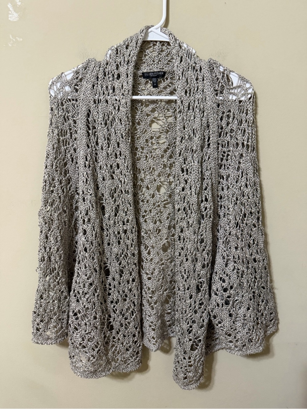 Eileen Fisher Open-Front Crochet Cardigan silver gray feminine chic plus 3x euc
